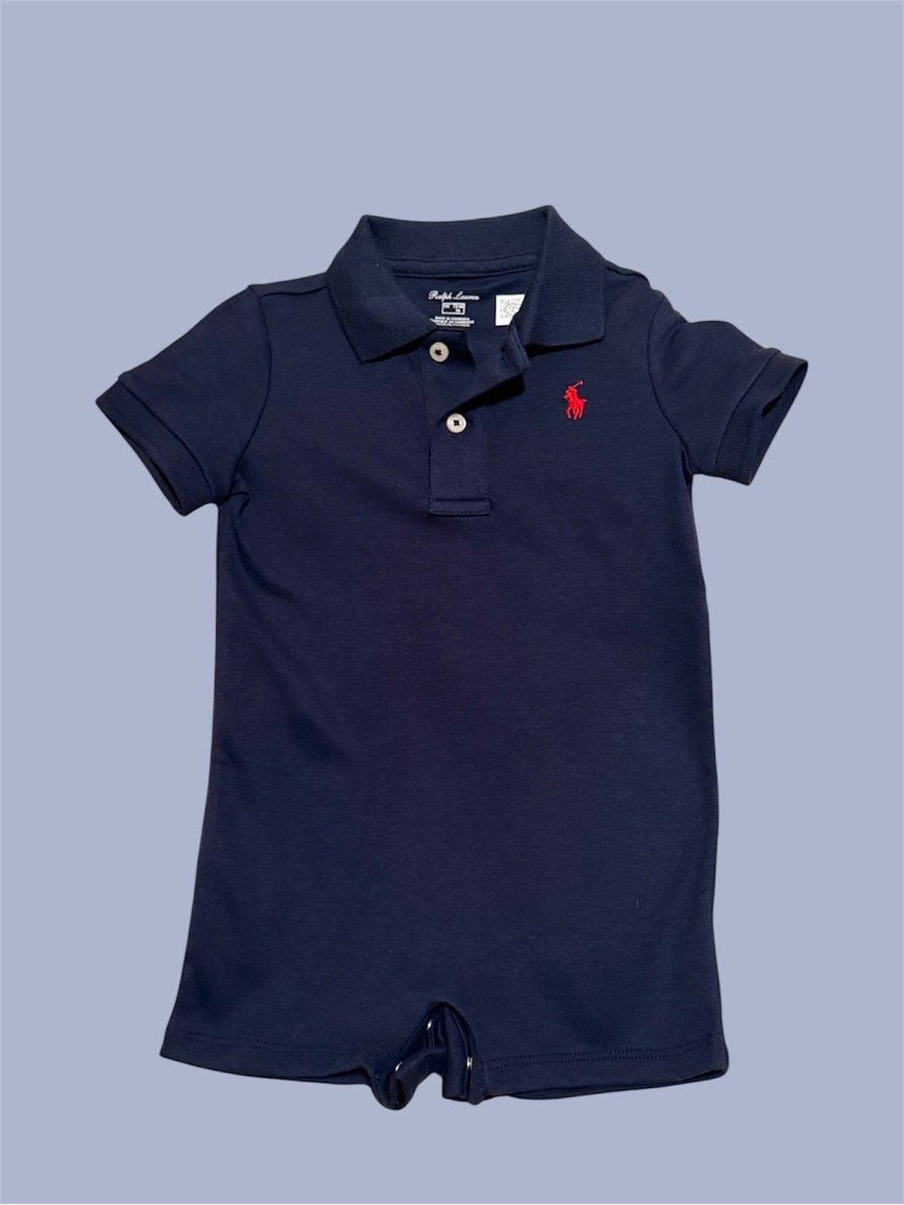 Ralph Lauren Navy Polo Romper with Red Pony Embroidery
